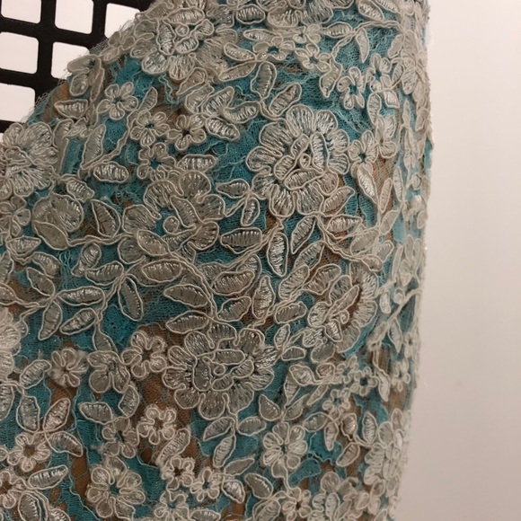 Jovani Evening Gown Turquoise/White w/ Nude Under - Picture 4 of 8